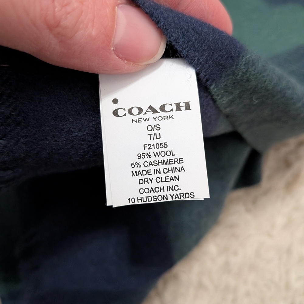 Coach Wool Cashmere Logo Plaid Wide Fringe Scarf - Picture 3 of 3